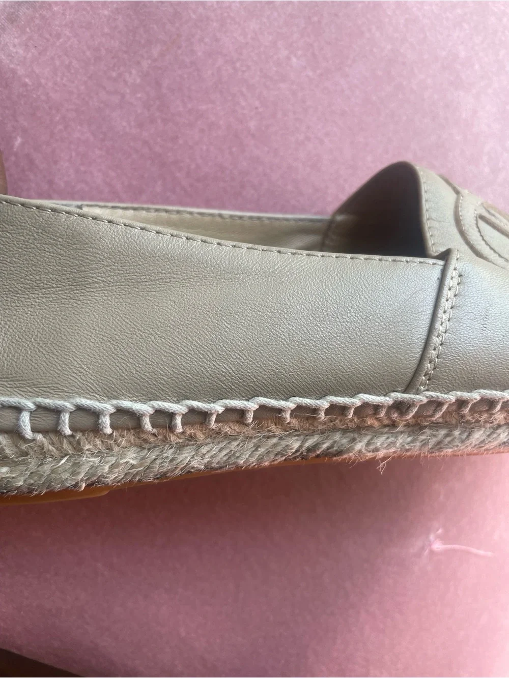 CHANEL Beige Leather Espadrille Flats with Black Cap Toe